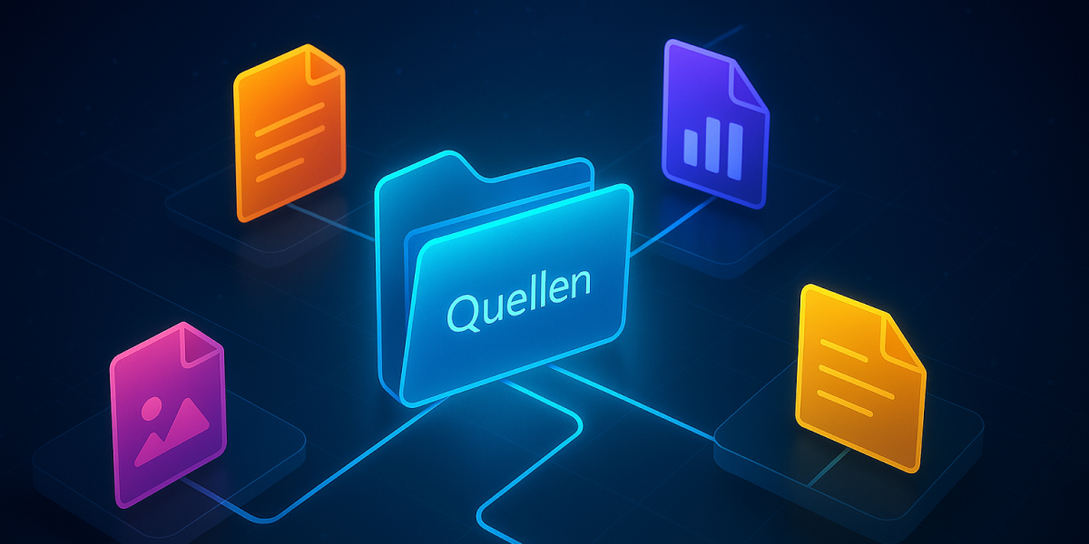 Leuchtender Ordner 'Quellen' vernetzt mit Dokument-Icons für Bild, Text und Diagramm auf dunklem Hintergrund