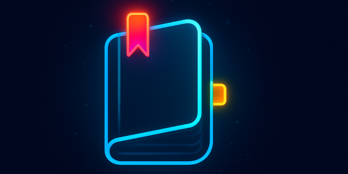 Neon-Icon eines Buchs mit rotem Lesezeichen auf dunklem Hintergrund.