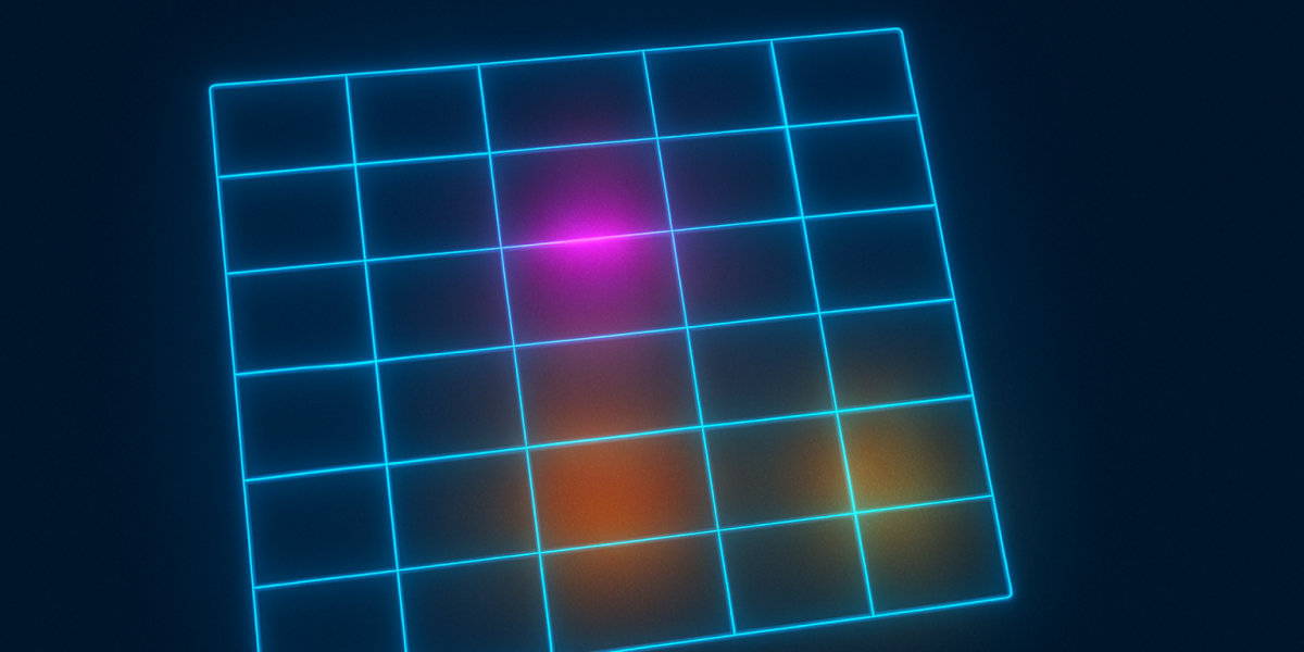 Schräg geneigtes, leuchtendes Neon-Raster mit blauen Linien und farbigen Lichtflecken auf dunklem Hintergrund