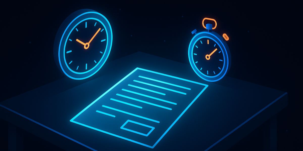 Neon-Illustration: Dokument auf Tisch zwischen Uhr und Stoppuhr - Symbol für Prüfungszeit und Zeitmanagement.