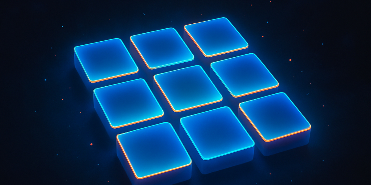 Leuchtende 3x3-Kacheln in Blau mit orangen Kanten auf dunklem Hintergrund - futuristisches Tech-Design.