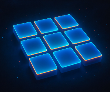 Leuchtende 3x3-Kacheln in Blau mit orangen Kanten auf dunklem Hintergrund - futuristisches Tech-Design.