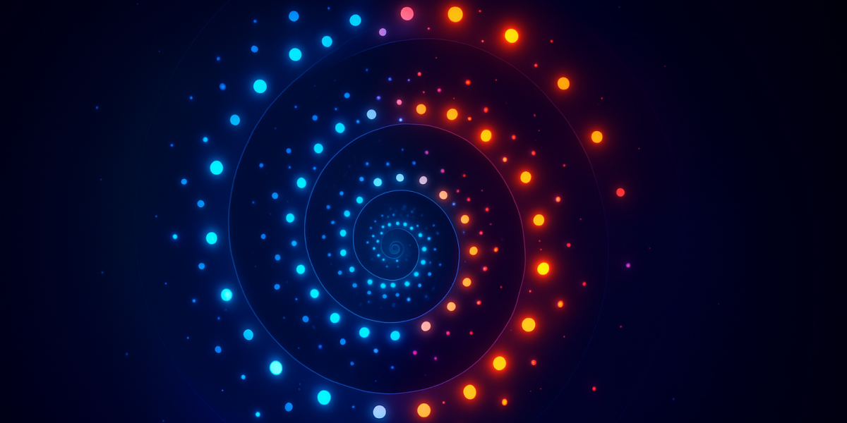 Leuchtende blaue und orange Punkte bilden eine Spirale vor dunklem Hintergrund, abstrakt und dynamisch.
