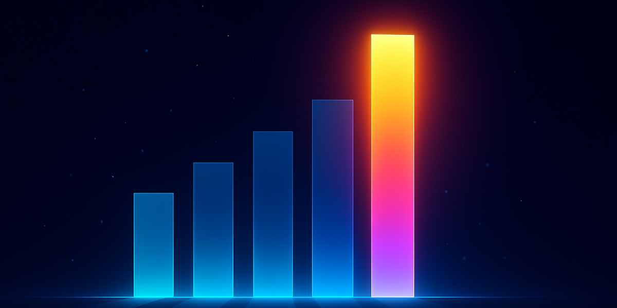 Leuchtendes Balkendiagramm mit steigenden Balken; letzter Balken orange-pink auf dunklem Hintergrund.