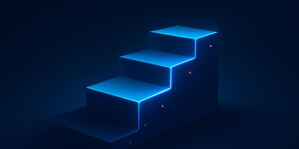 Leuchtend blaue, stufenförmige Treppe in dunklem Raum, neonartige Kanten, minimalistische 3D-Illustration.