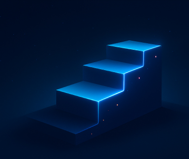 Leuchtend blaue, stufenförmige Treppe in dunklem Raum, neonartige Kanten, minimalistische 3D-Illustration.