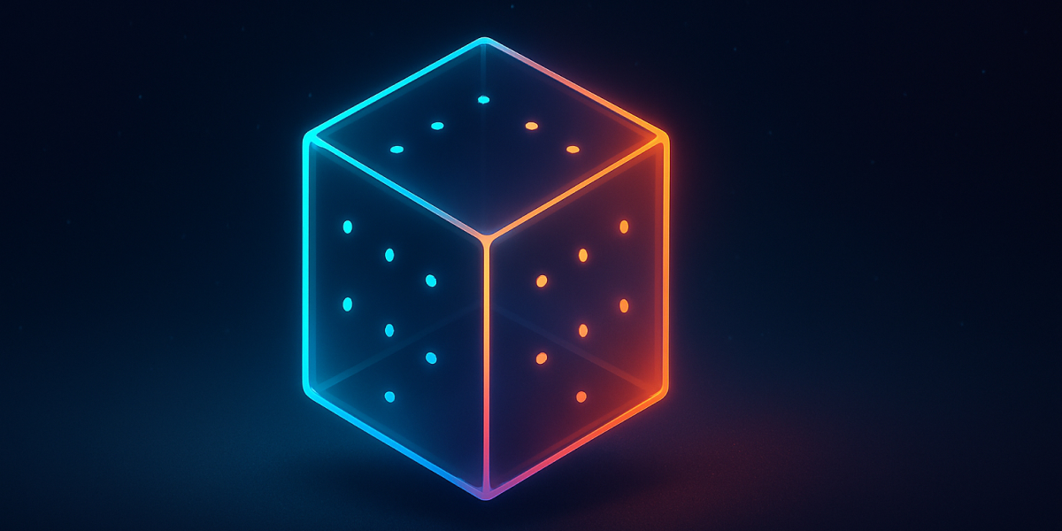 Leuchtender, transparenter Würfel mit Punktmuster, blau-orange glühende Kanten auf dunklem Hintergrund.