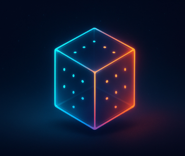 Leuchtender, transparenter Würfel mit Punktmuster, blau-orange glühende Kanten auf dunklem Hintergrund.