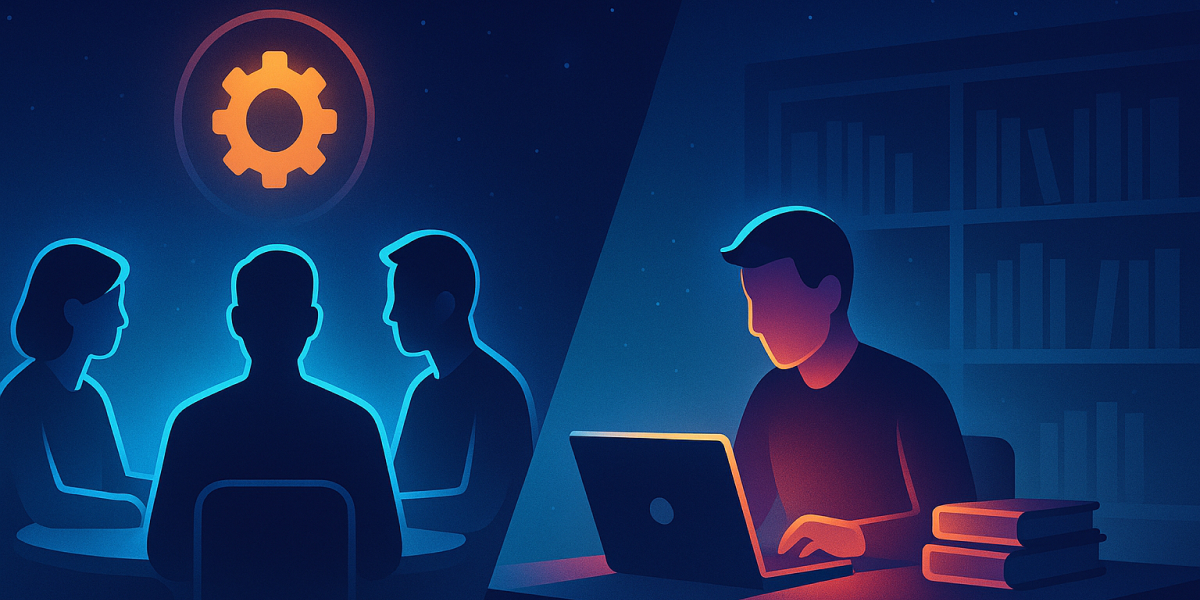 Illustration zeigt eine Gruppe im Gespräch und eine Person am Laptop als Symbol für Ausbildung und Studium