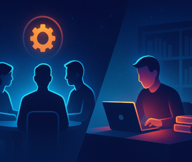 Illustration zeigt eine Gruppe im Gespräch und eine Person am Laptop als Symbol für Ausbildung und Studium