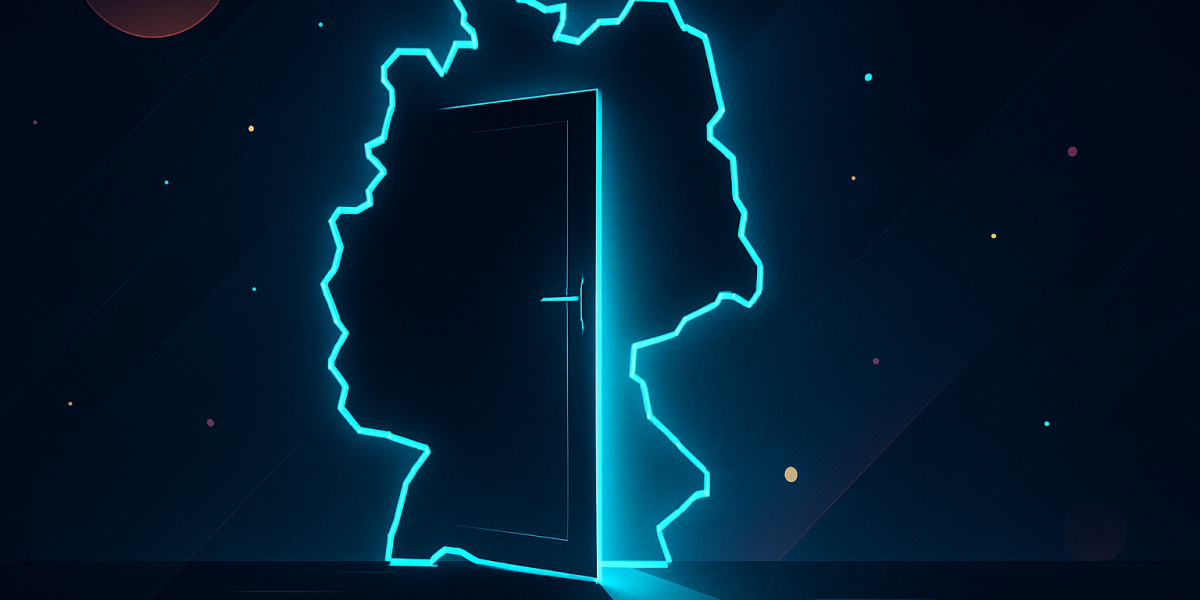 Leuchtende Deutschland-Silhouette mit Tür, die neue Chancen symbolisiert