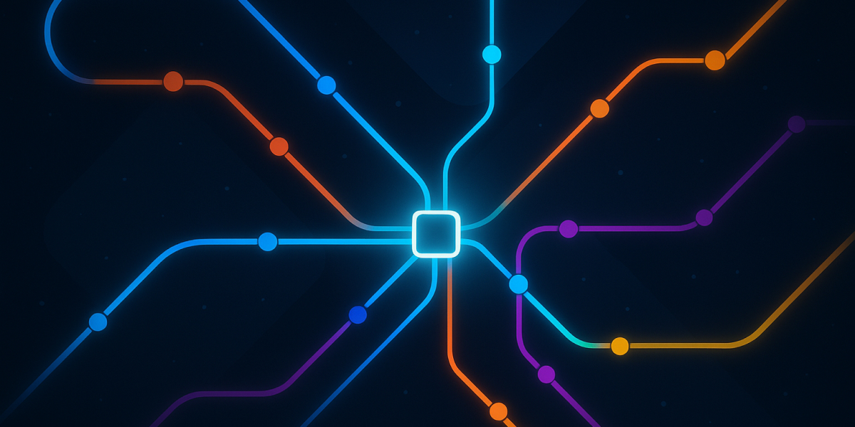 Bunte Linien treffen sich in einem zentralen Knotenpunkt auf dunklem Hintergrund