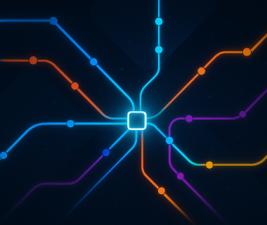 Bunte Linien treffen sich in einem zentralen Knotenpunkt auf dunklem Hintergrund