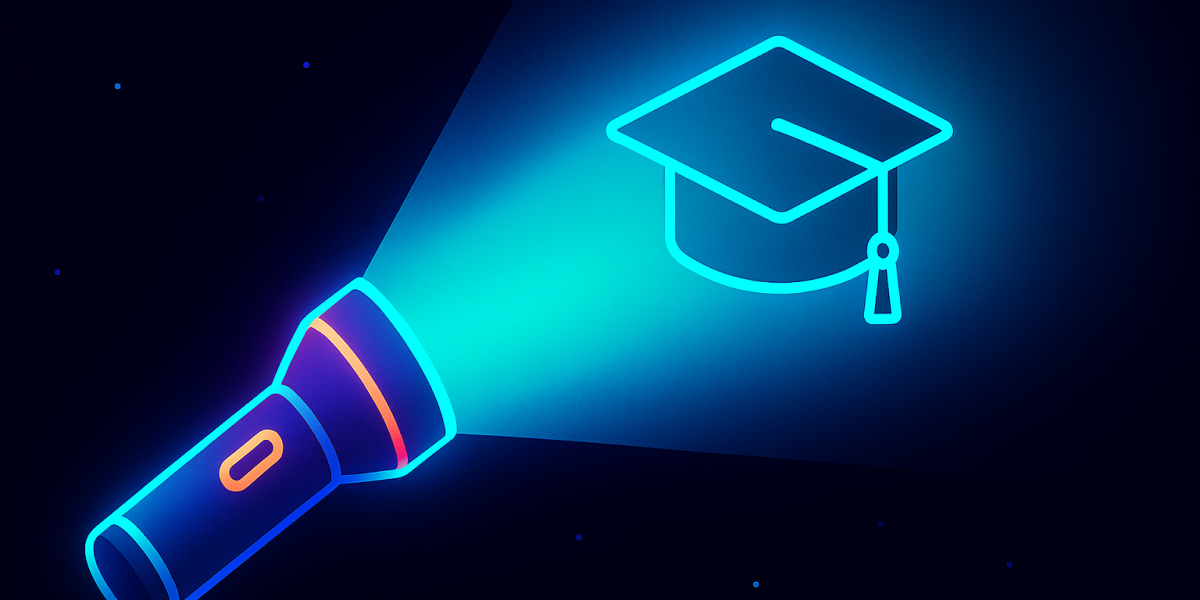 Neon-Taschenlampe wirft Lichtstrahl auf leuchtendes Absolventenhut-Symbol