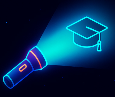 Neon-Taschenlampe wirft Lichtstrahl auf leuchtendes Absolventenhut-Symbol