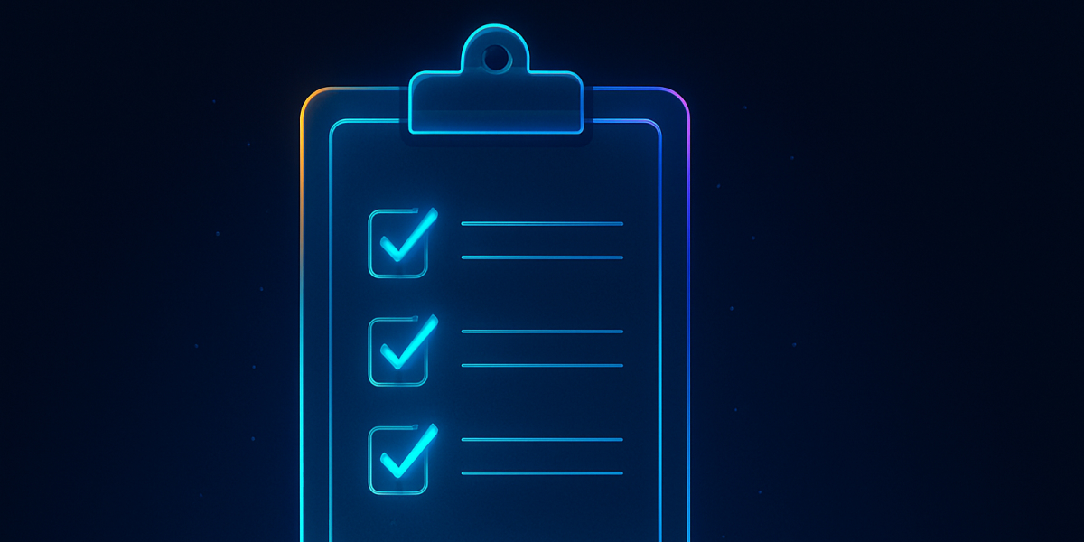 Leuchtendes Icon einer Checkliste auf einem Klemmbrett mit Häkchen