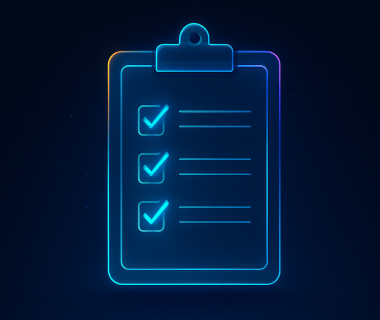 Leuchtendes Icon einer Checkliste auf einem Klemmbrett mit Häkchen