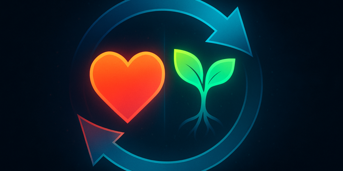 Herz und Pflanze im Kreislaufsymbol als Sinnbild für soziales und ökologisches Engagement
