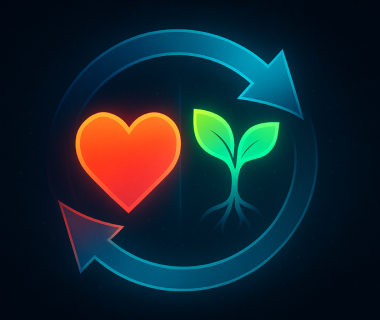 Herz und Pflanze im Kreislaufsymbol als Sinnbild für soziales und ökologisches Engagement
