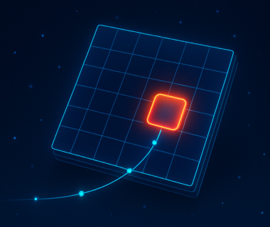 Leuchtendes Quadrat auf digitalem Raster mit Verbindungslinie in futuristischem Design