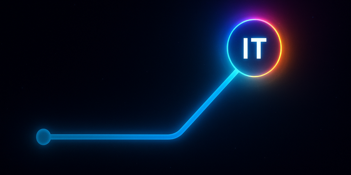 Neonblaue Linie mündet in leuchtenden Kreis mit „IT“-Schrift vor dunklem Hintergrund