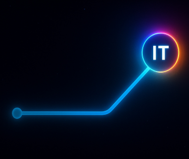 Neonblaue Linie mündet in leuchtenden Kreis mit „IT“-Schrift vor dunklem Hintergrund