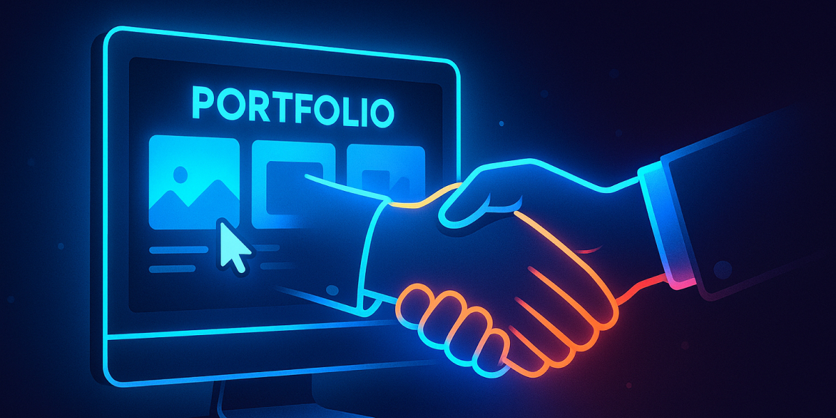 Digitale Illustration eines Portfolios auf einem Bildschirm mit Handschlag im Vordergrund