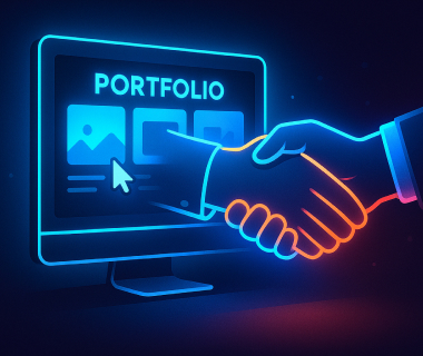 Digitale Illustration eines Portfolios auf einem Bildschirm mit Handschlag im Vordergrund