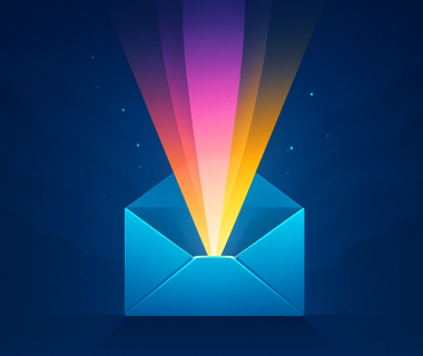 Illustration eines Briefumschlags, aus dem bunte Lichtstrahlen hervorgehen