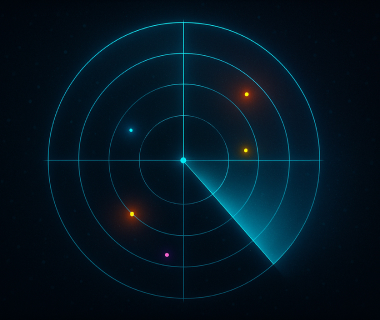 Leuchtender Radarbildschirm mit mehreren Punkten als Symbol für Orientierung im Assessment Center