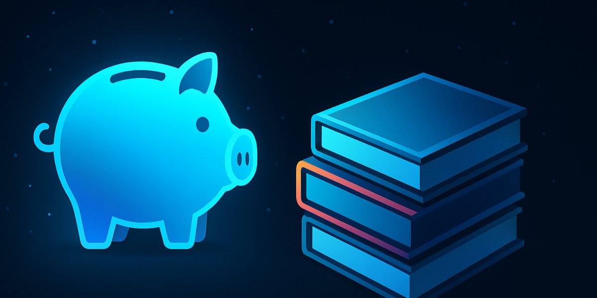 Leuchtendes Sparschwein neben einem Stapel Bücher auf dunklem Hintergrund