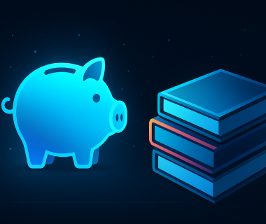 Leuchtendes Sparschwein neben einem Stapel Bücher auf dunklem Hintergrund