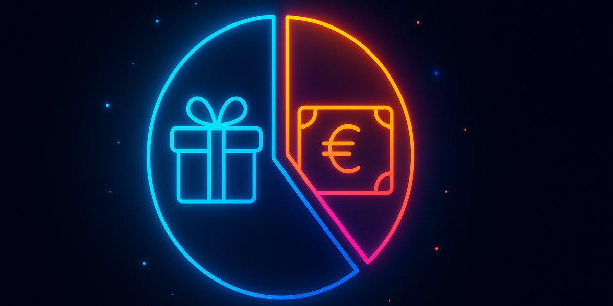 Neon-Illustration eines Kreisdiagramms mit Geschenk und Euro-Schein als Symbole für BAföG-Rückzahlung