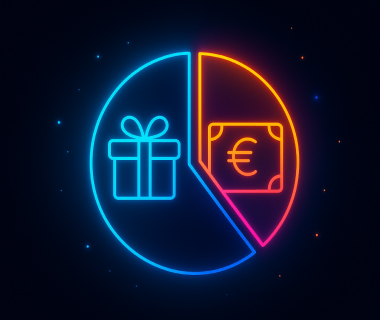Neon-Illustration eines Kreisdiagramms mit Geschenk und Euro-Schein als Symbole für BAföG-Rückzahlung