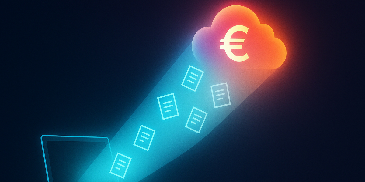 Laptop sendet digitale Dokumente in eine Cloud mit Euro-Symbol