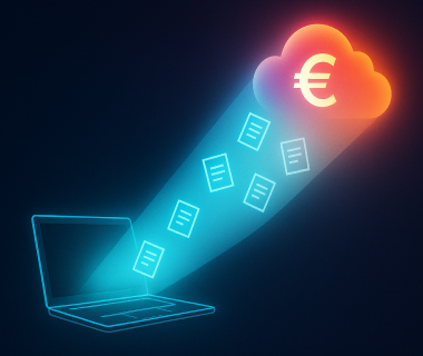Laptop sendet digitale Dokumente in eine Cloud mit Euro-Symbol