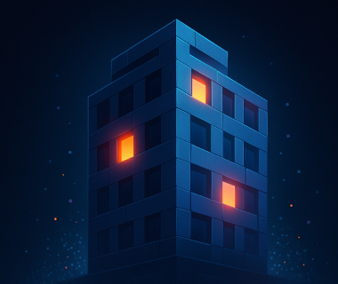 Illustration eines Wohnhauses bei Nacht mit erleuchteten Fenstern