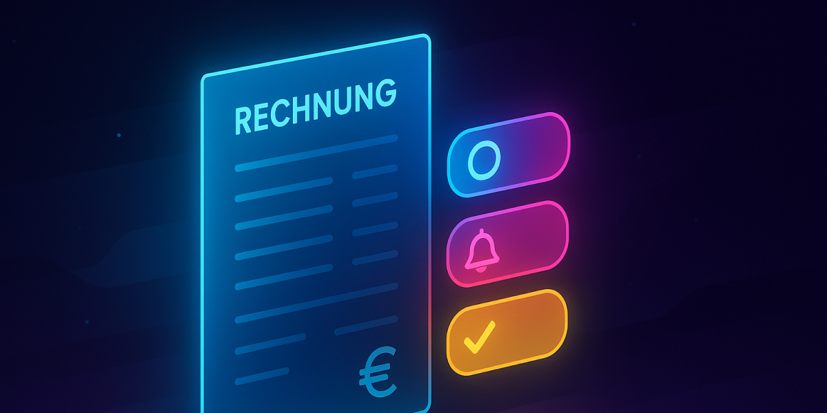 Digitale Illustration einer Rechnung mit Symbolen für Erinnerung, Benachrichtigung und Bestätigung