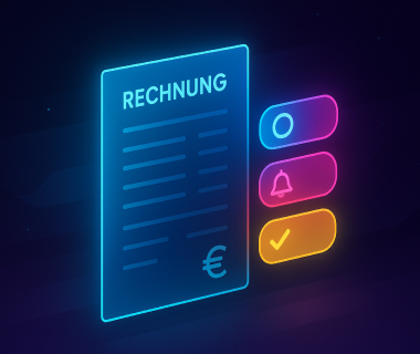Digitale Illustration einer Rechnung mit Symbolen für Erinnerung, Benachrichtigung und Bestätigung