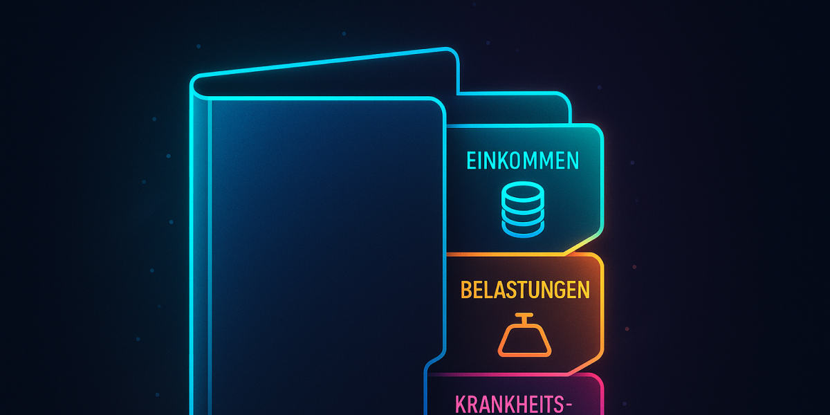 Symbolische Darstellung von Einkommen, Belastungen und Krankheitskosten in einem digitalen Ordner