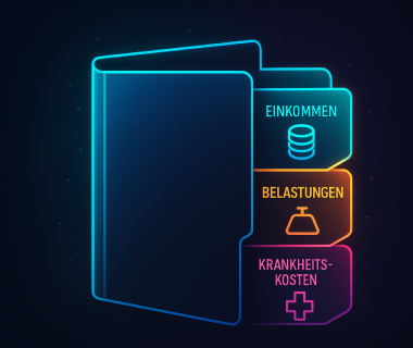Symbolische Darstellung von Einkommen, Belastungen und Krankheitskosten in einem digitalen Ordner