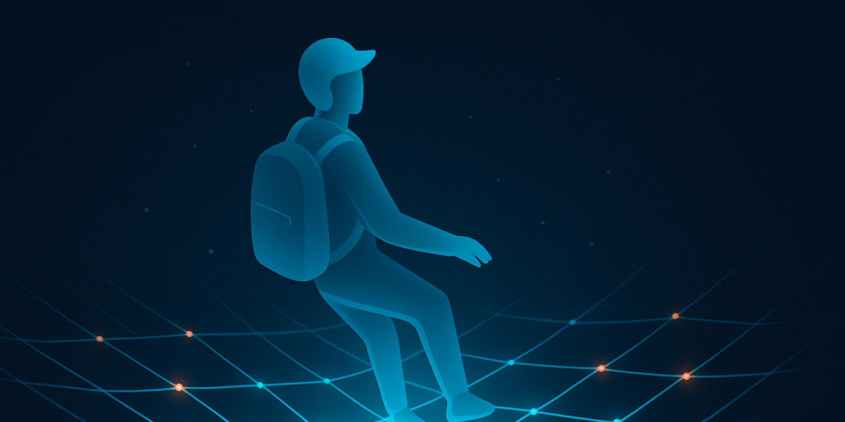 Abstrakte Illustration eines Studierenden auf einem Netzwerk-Gitter mit leuchtenden Knoten in Blautönen.