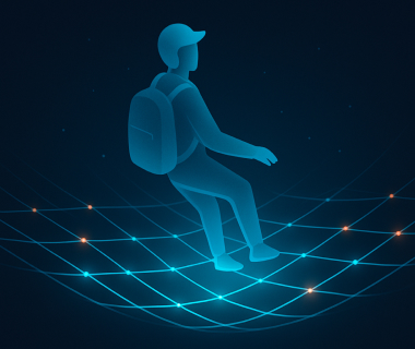 Abstrakte Illustration eines Studierenden auf einem Netzwerk-Gitter mit leuchtenden Knoten in Blautönen.