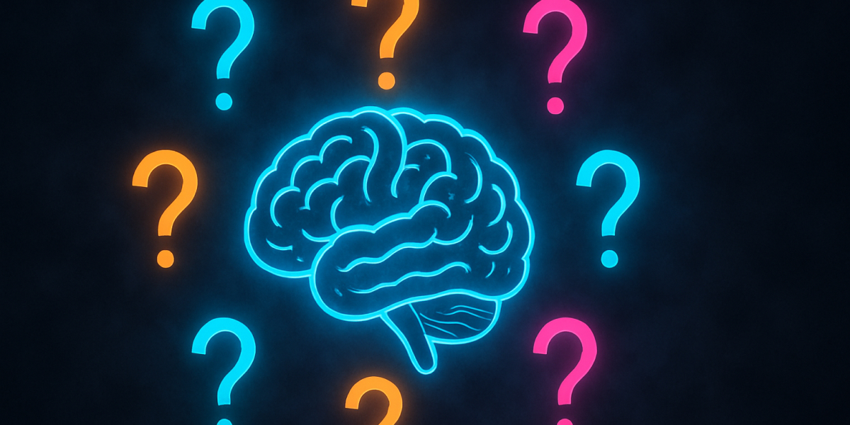 Leuchtendes Gehirn umgeben von bunten Fragezeichen auf dunklem Hintergrund
