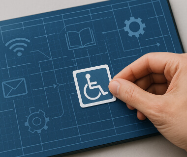 Hand legt ein Rollstuhl-Symbol auf einen digitalen Bildschirm mit Icons