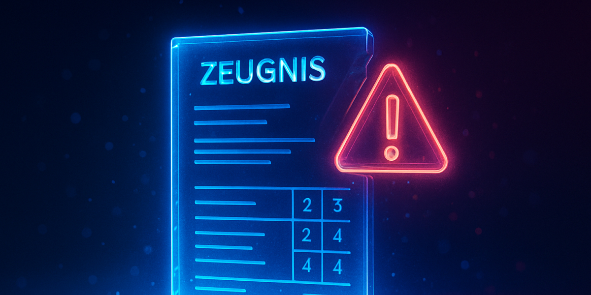 Digitales Zeugnis mit Warnsymbol zur Darstellung typischer Fehlerquellen