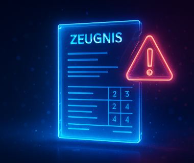 Digitales Zeugnis mit Warnsymbol zur Darstellung typischer Fehlerquellen