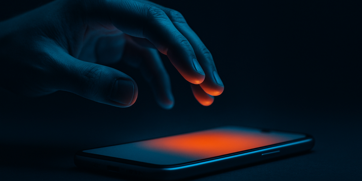 Hand über beleuchtetem Smartphone-Bildschirm in dunkler Umgebung