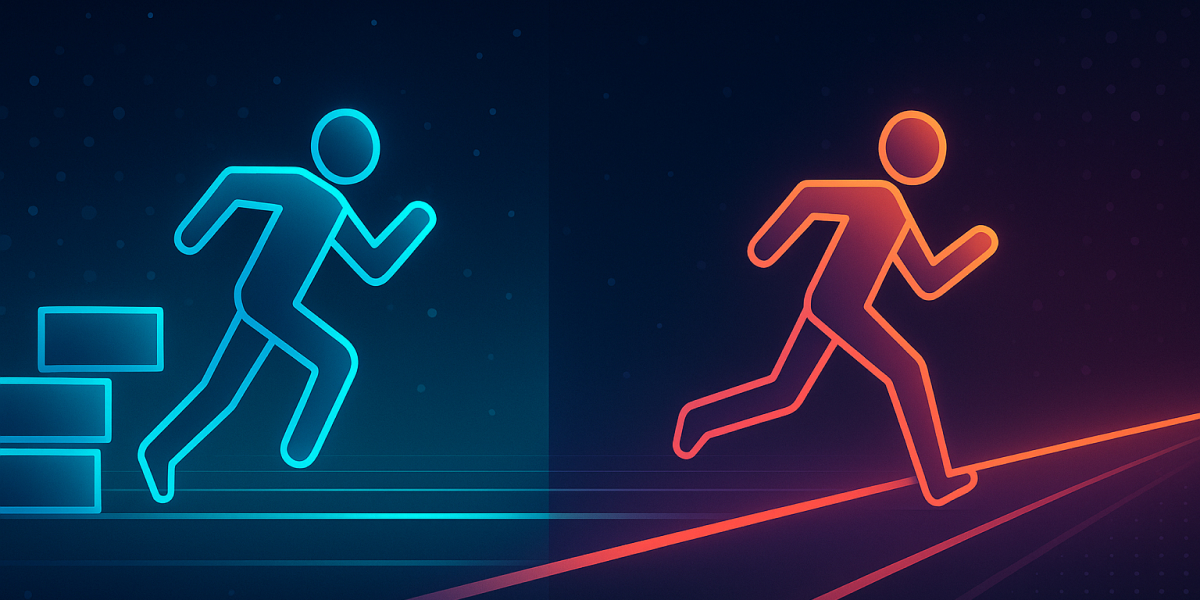 Zwei stilisierte Figuren in Bewegung - eine mit Hindernissen, eine auf freier Bahn, symbolisieren ungleiche Startbedingungen.