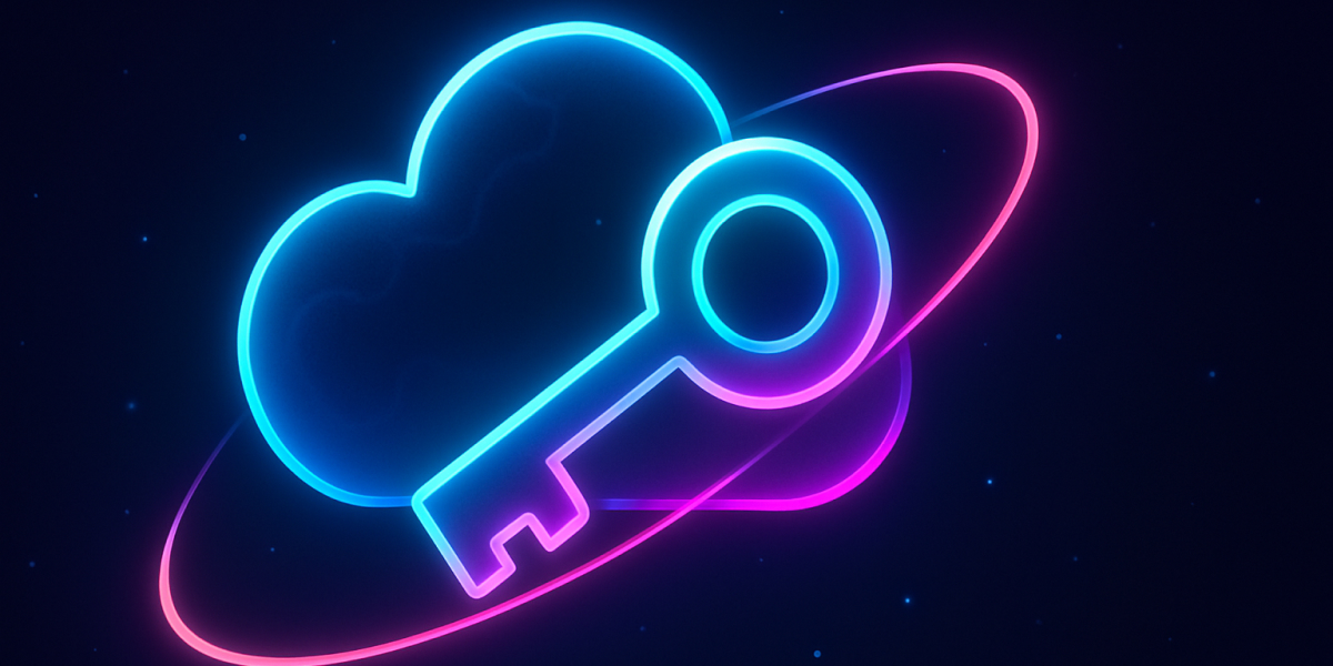 Leuchtendes Cloud-Symbol mit Schlüssel und Orbit in Neonfarben auf dunklem Hintergrund